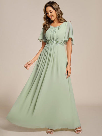 Pleated Short Sleeve Ruffled Maxi Evening Dress #color_Mint Green
