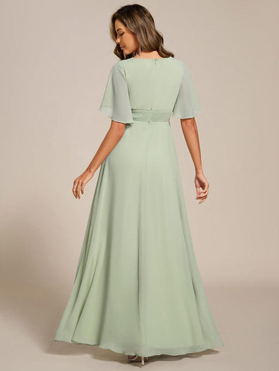 Pleated Short Sleeve Ruffled Maxi Evening Dress #color_Mint Green