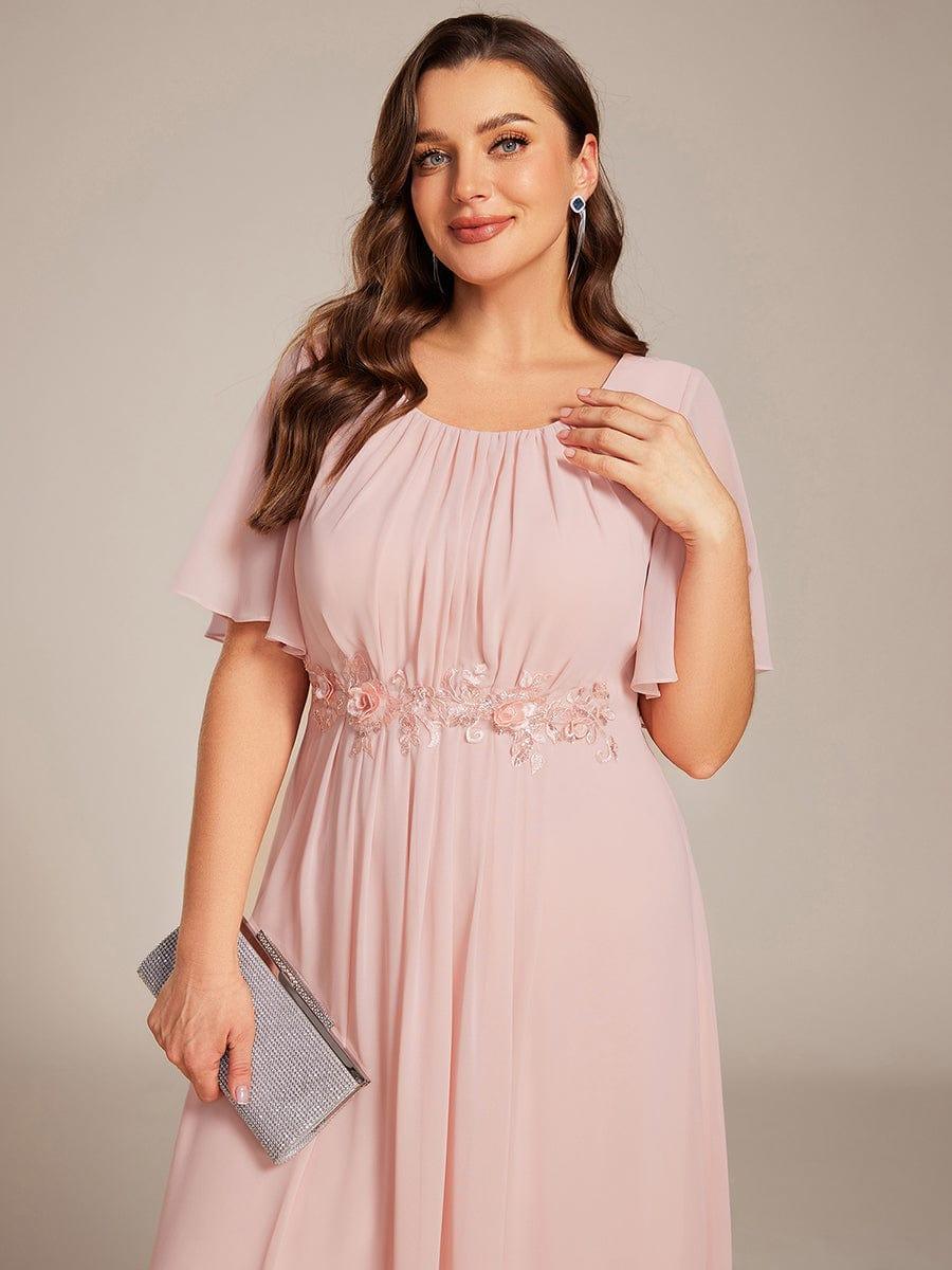 Plus Size Pleated Short Sleeve Ruffled Maxi Evening Dress #color_Pink