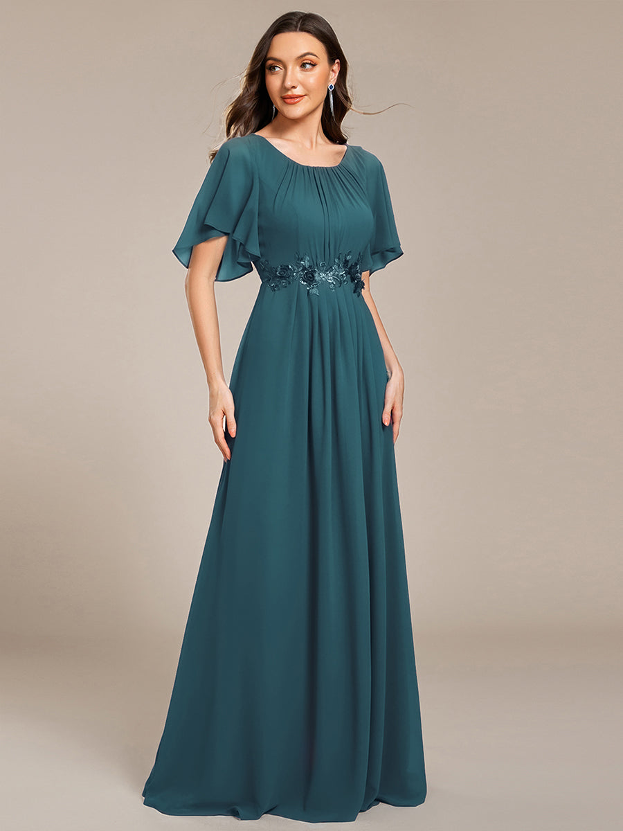 Pleated Short Sleeve Ruffled Maxi Evening Dress #color_Teal