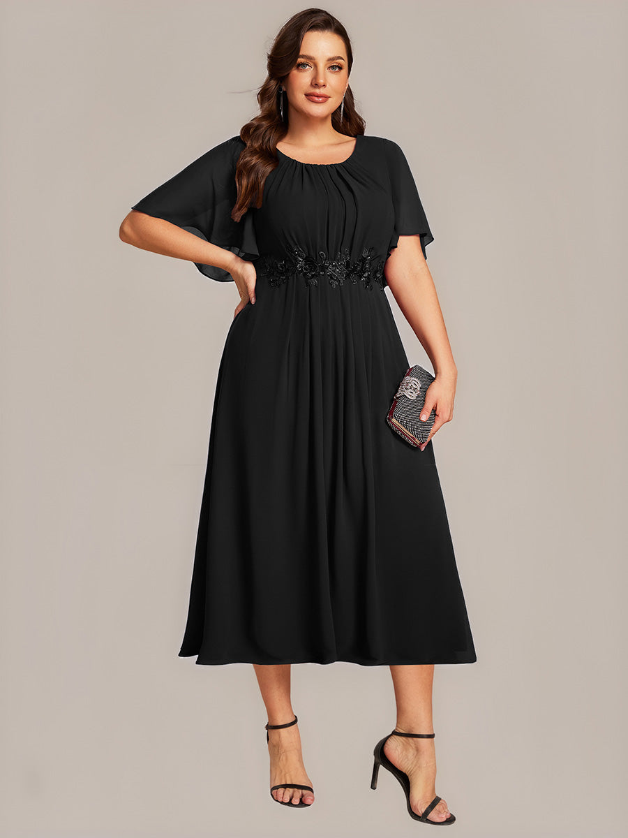 Floral Chiffon Ruffle Sleeve Evening Dress #color_Black