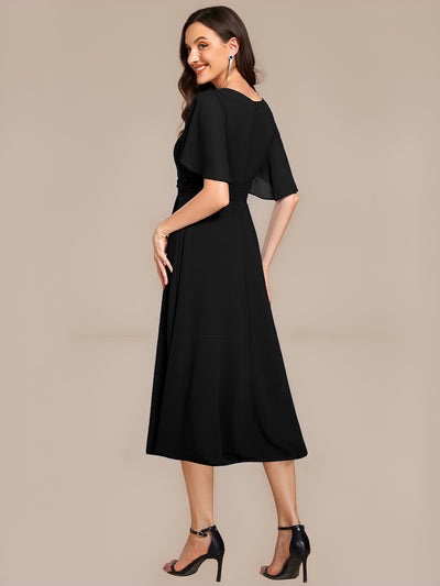 Floral Chiffon Ruffle Sleeve Evening Dress #color_Black