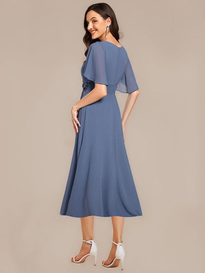 Floral Chiffon Ruffle Sleeve Evening Dress #color_Dusty Blue