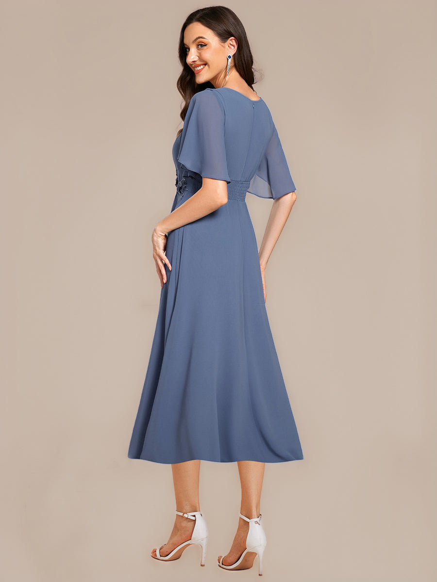 Floral Chiffon Ruffle Sleeve Evening Dress #color_Dusty Blue