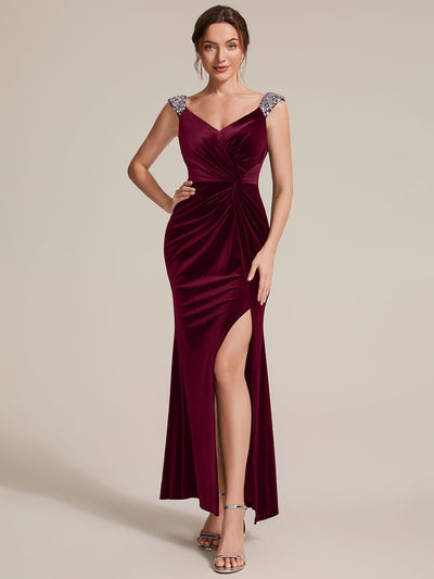 Knotted Velvet Sleeveless Dress #color_Burgundy