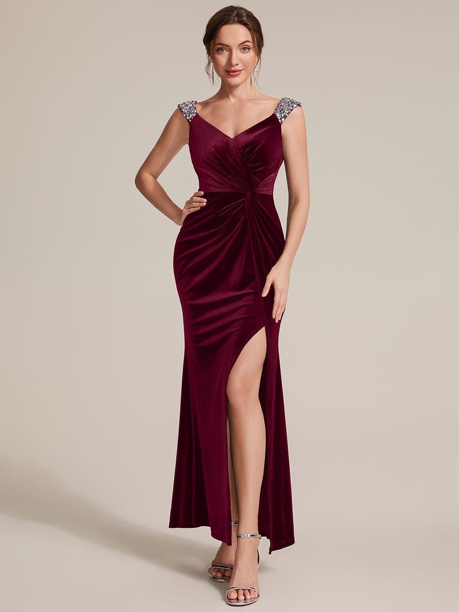 Knotted Velvet Sleeveless Dress #color_Burgundy