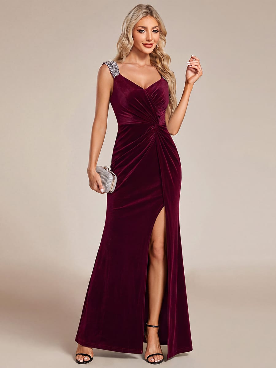 Knotted Velvet Sleeveless Dress #color_Burgundy