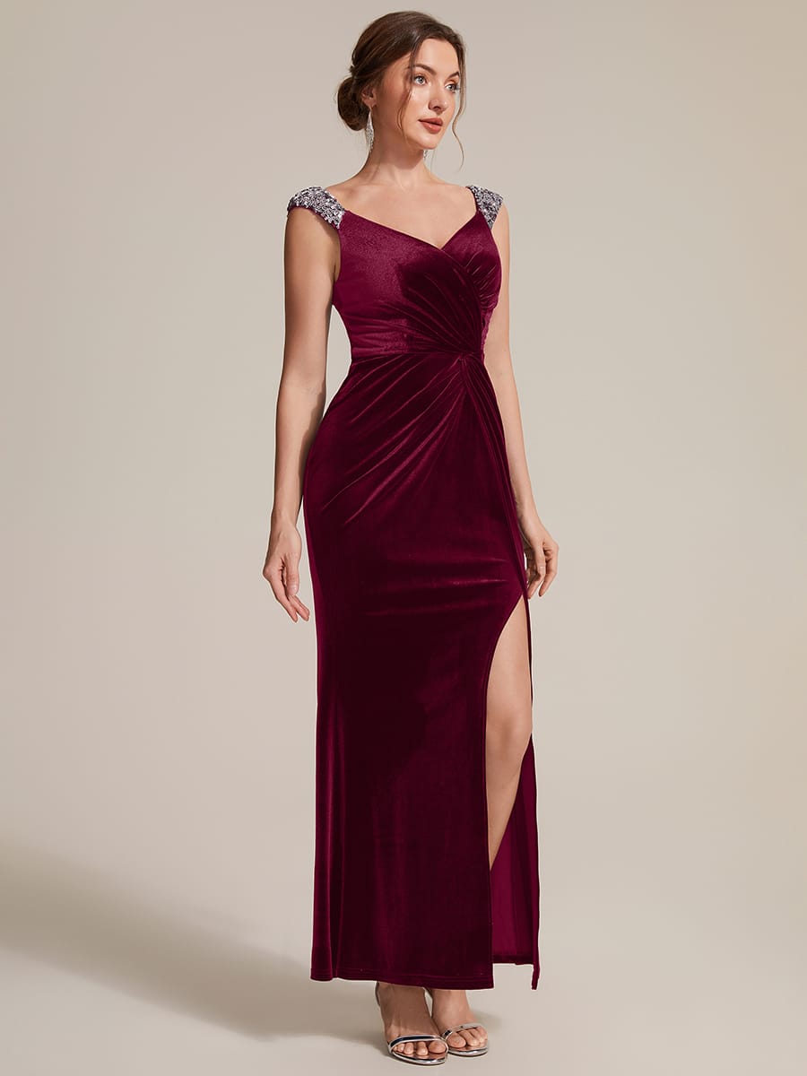 Knotted Velvet Sleeveless Dress #color_Burgundy
