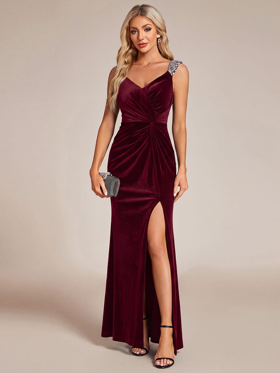 Knotted Velvet Sleeveless Dress #color_Burgundy
