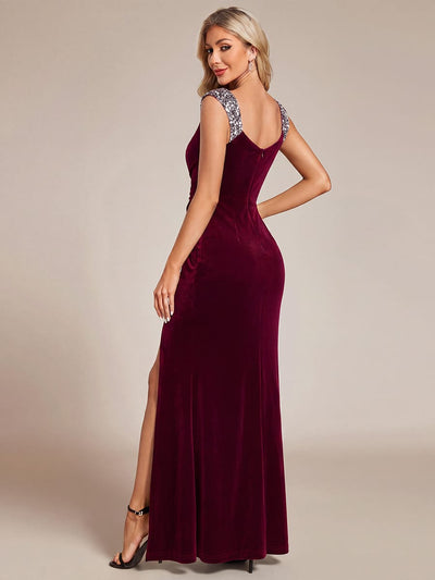Knotted Velvet Sleeveless Dress #color_Burgundy