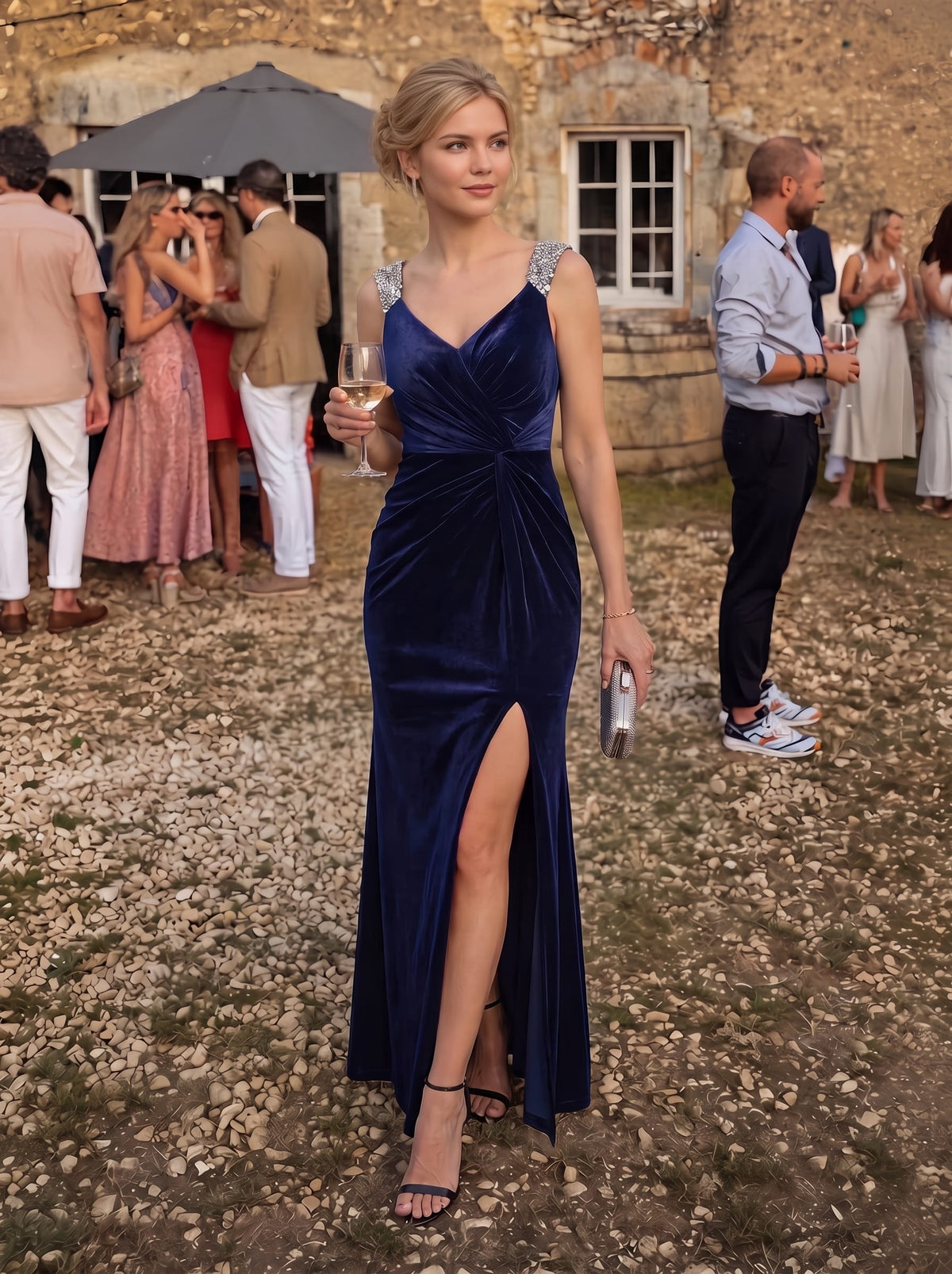 Knotted Velvet Sleeveless Dress #color_Navy Blue