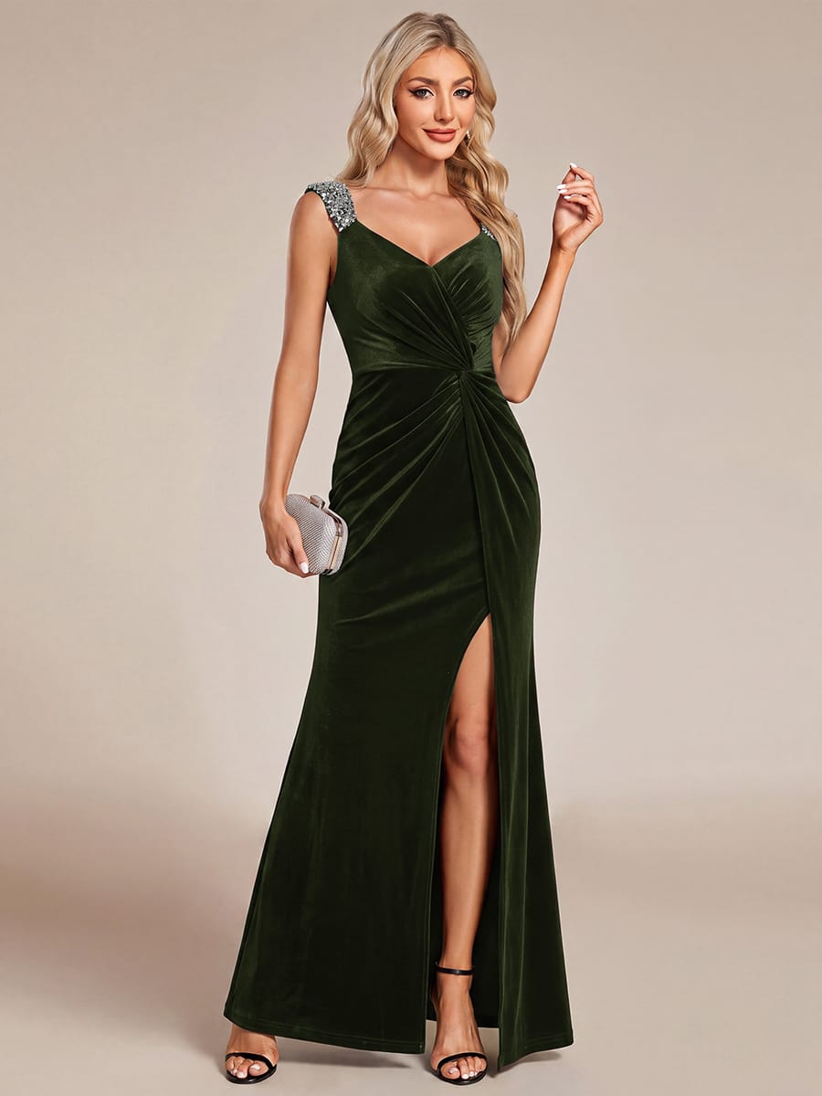 Knotted Velvet Sleeveless Dress #color_Olive Green