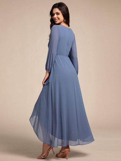 Chiffon Long Sleeve High-Low Evening Dress with Waist Applique #color_Dusty Blue
