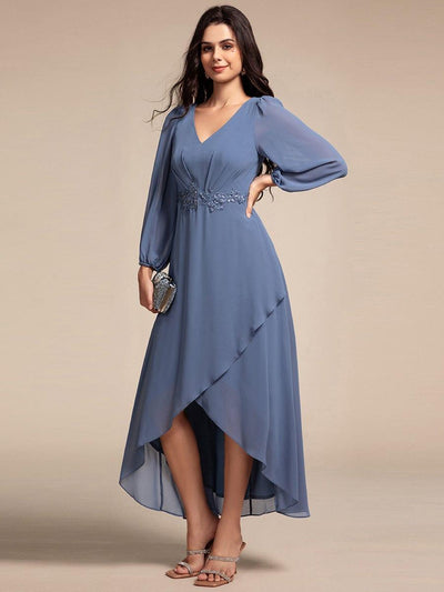 Chiffon Long Sleeve High-Low Evening Dress with Waist Applique #color_Dusty Blue