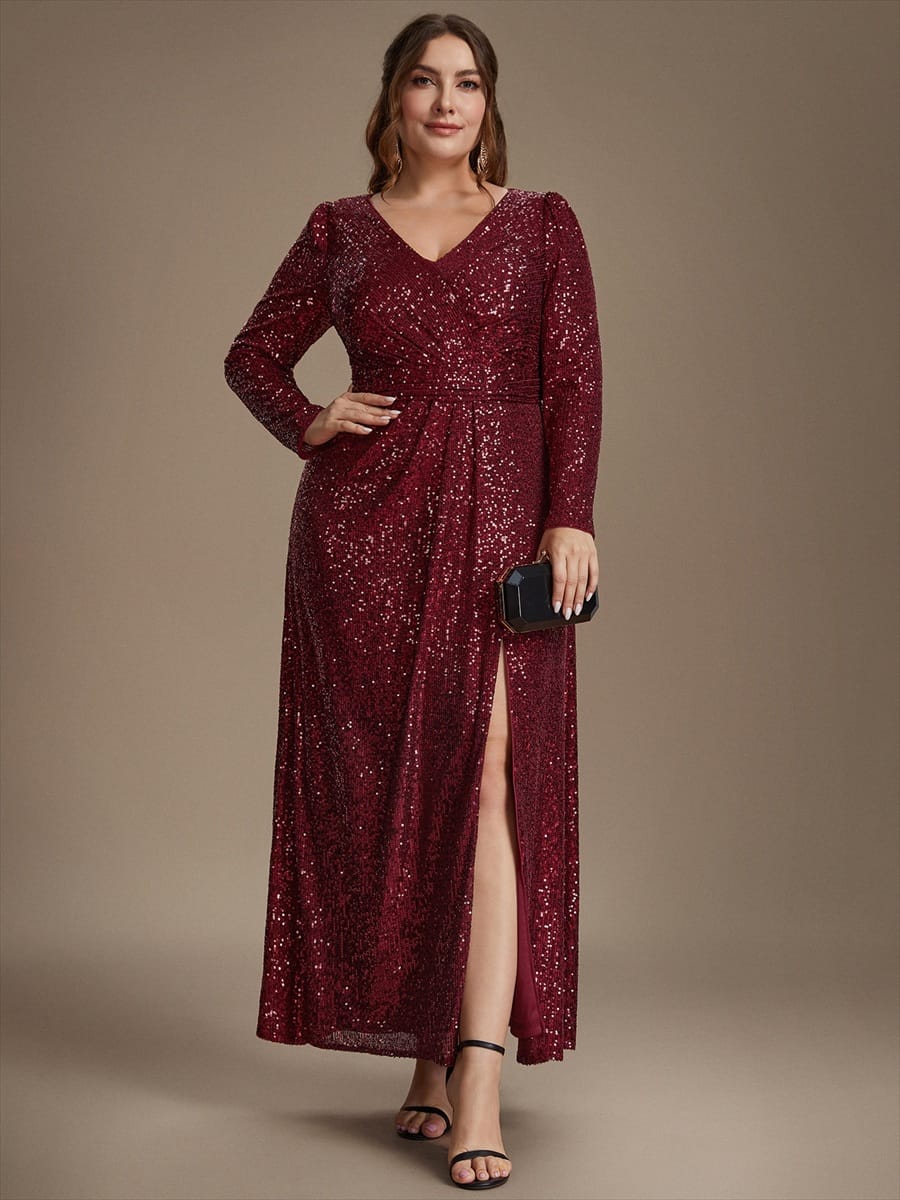 Sequins Maxi Length V-neckline Sheath Fitted Sleeve Back zipper It is not padded, with lining. Dress #color_Burgundy