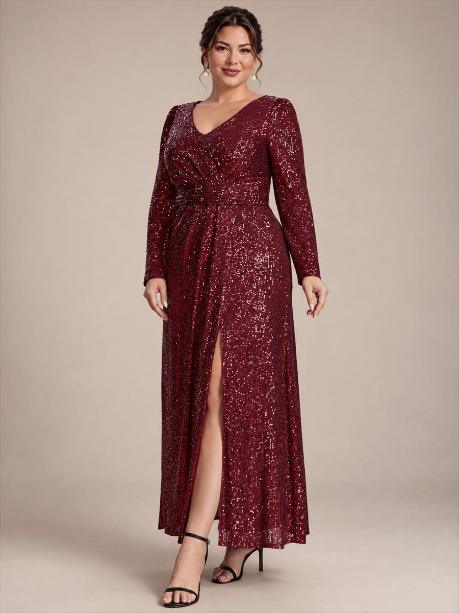 Sequins Maxi Length V-neckline Sheath Fitted Sleeve Back zipper It is not padded, with lining. Dress #color_Burgundy