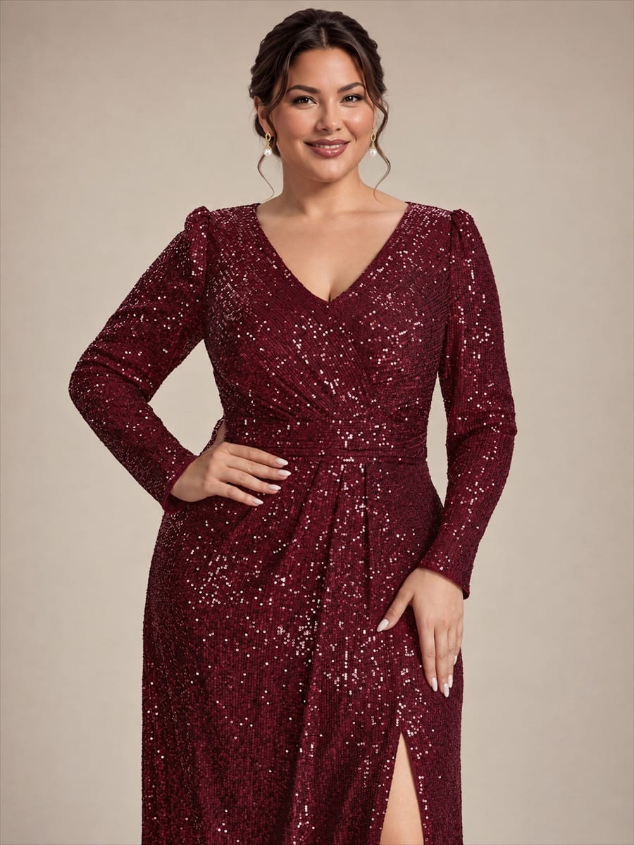 Sequins Maxi Length V-neckline Sheath Fitted Sleeve Back zipper It is not padded, with lining. Dress #color_Burgundy