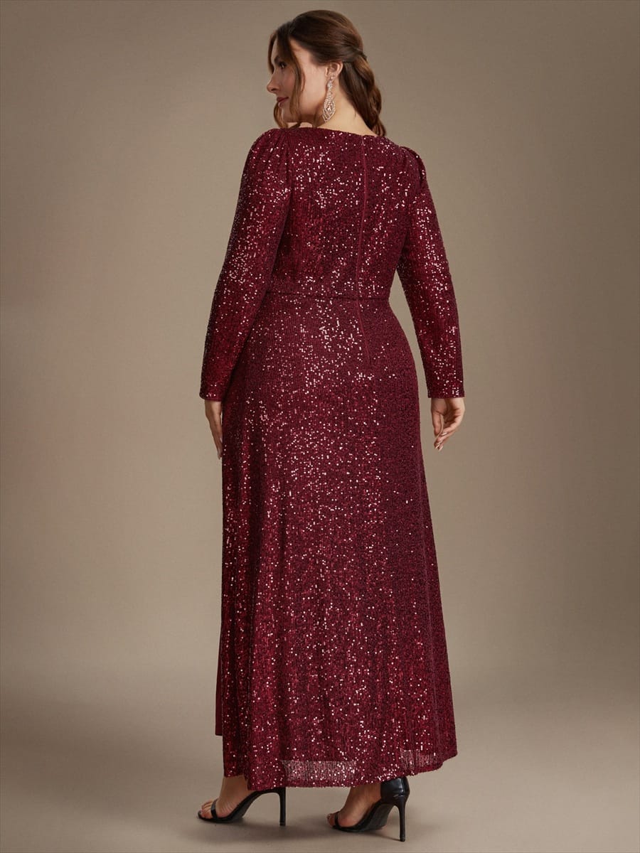Sequins Maxi Length V-neckline Sheath Fitted Sleeve Back zipper It is not padded, with lining. Dress #color_Burgundy
