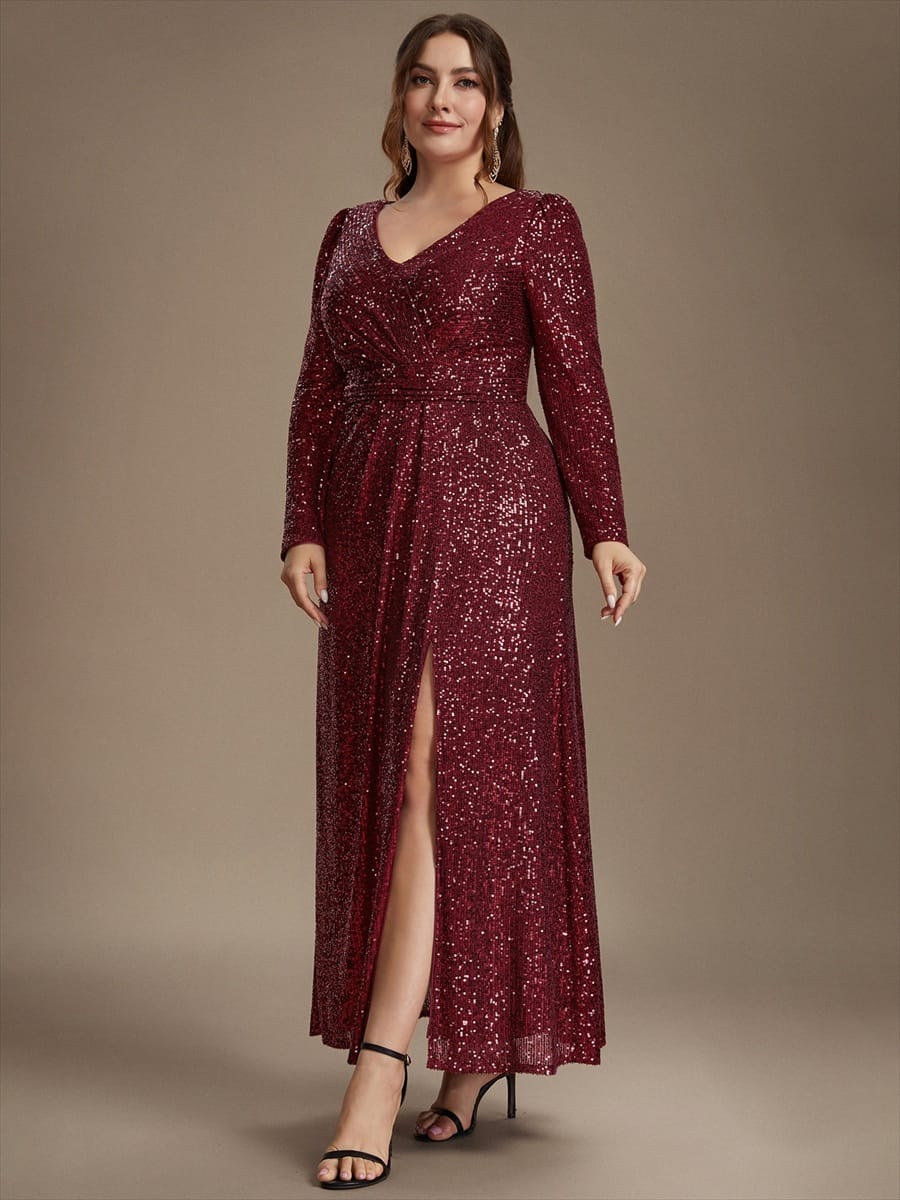Sequins Maxi Length V-neckline Sheath Fitted Sleeve Back zipper It is not padded, with lining. Dress #color_Burgundy