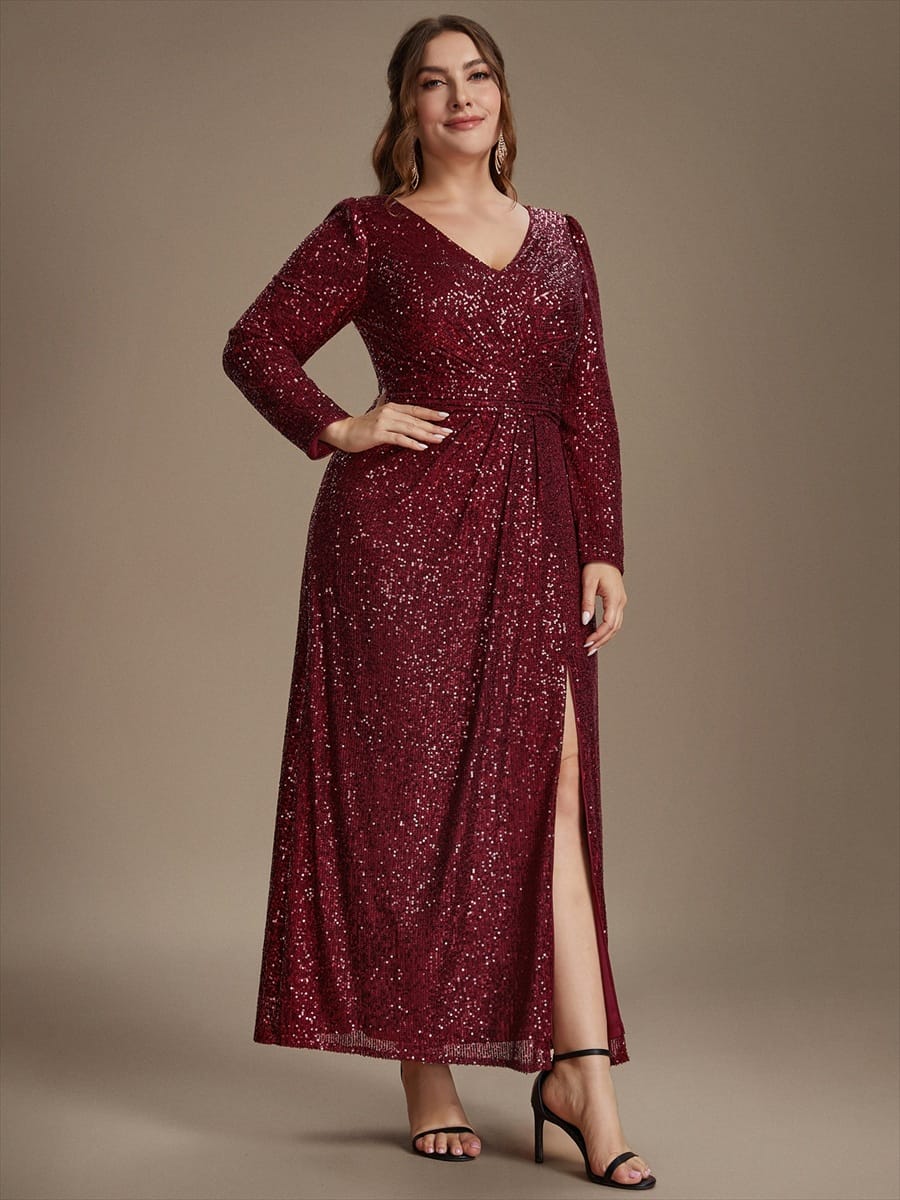 Sequins Maxi Length V-neckline Sheath Fitted Sleeve Back zipper It is not padded, with lining. Dress #color_Burgundy