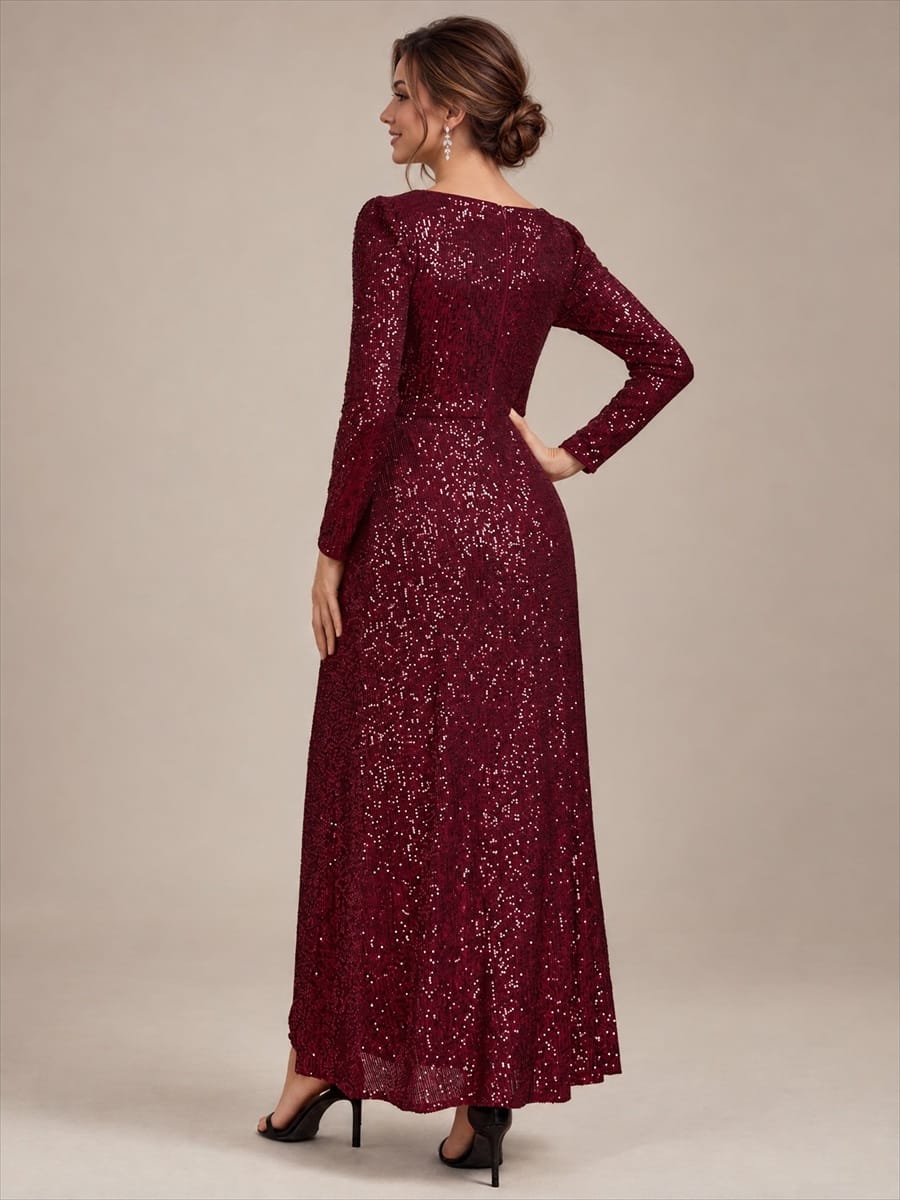 Sequins Maxi Length V-neckline Sheath Fitted Sleeve Back zipper It is not padded, with lining. Dress #color_Burgundy