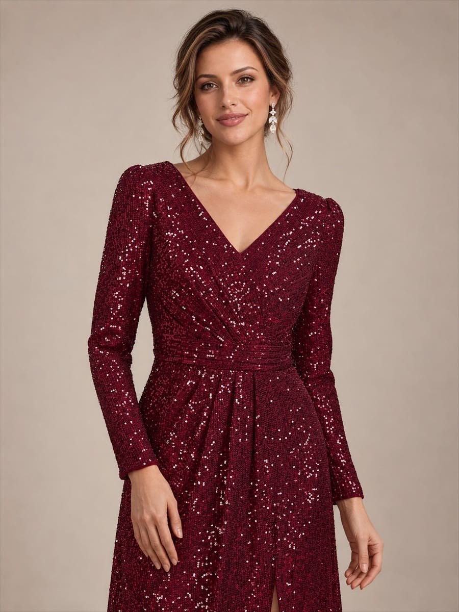 Sequins Maxi Length V-neckline Sheath Fitted Sleeve Back zipper It is not padded, with lining. Dress #color_Burgundy