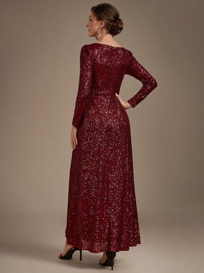 Sequins Maxi Length V-neckline Sheath Fitted Sleeve Back zipper It is not padded, with lining. Dress #color_Burgundy
