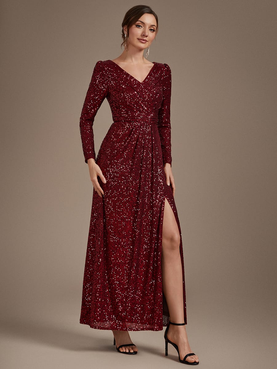 Sequins Maxi Length V-neckline Sheath Fitted Sleeve Back zipper It is not padded, with lining. Dress #color_Burgundy