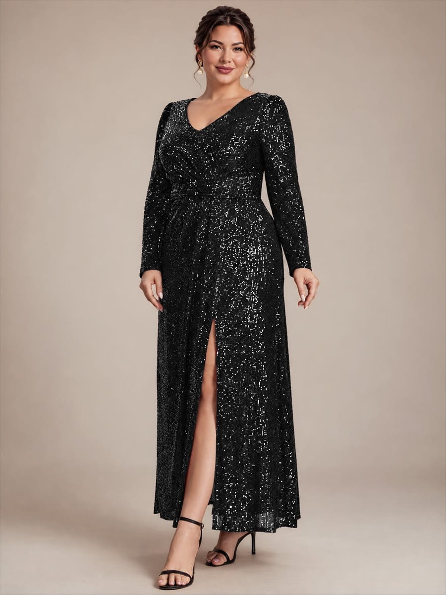 Sequins Maxi Length V-neckline Sheath Fitted Sleeve Back zipper It is not padded, with lining. Dress #color_Black