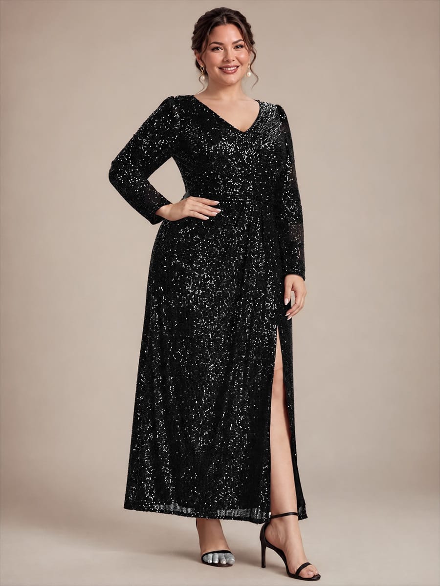 Sequins Maxi Length V-neckline Sheath Fitted Sleeve Back zipper It is not padded, with lining. Dress #color_Black