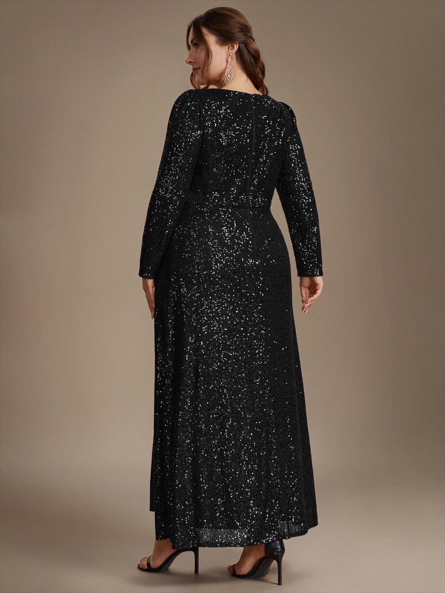 Sequins Maxi Length V-neckline Sheath Fitted Sleeve Back zipper It is not padded, with lining. Dress #color_Black