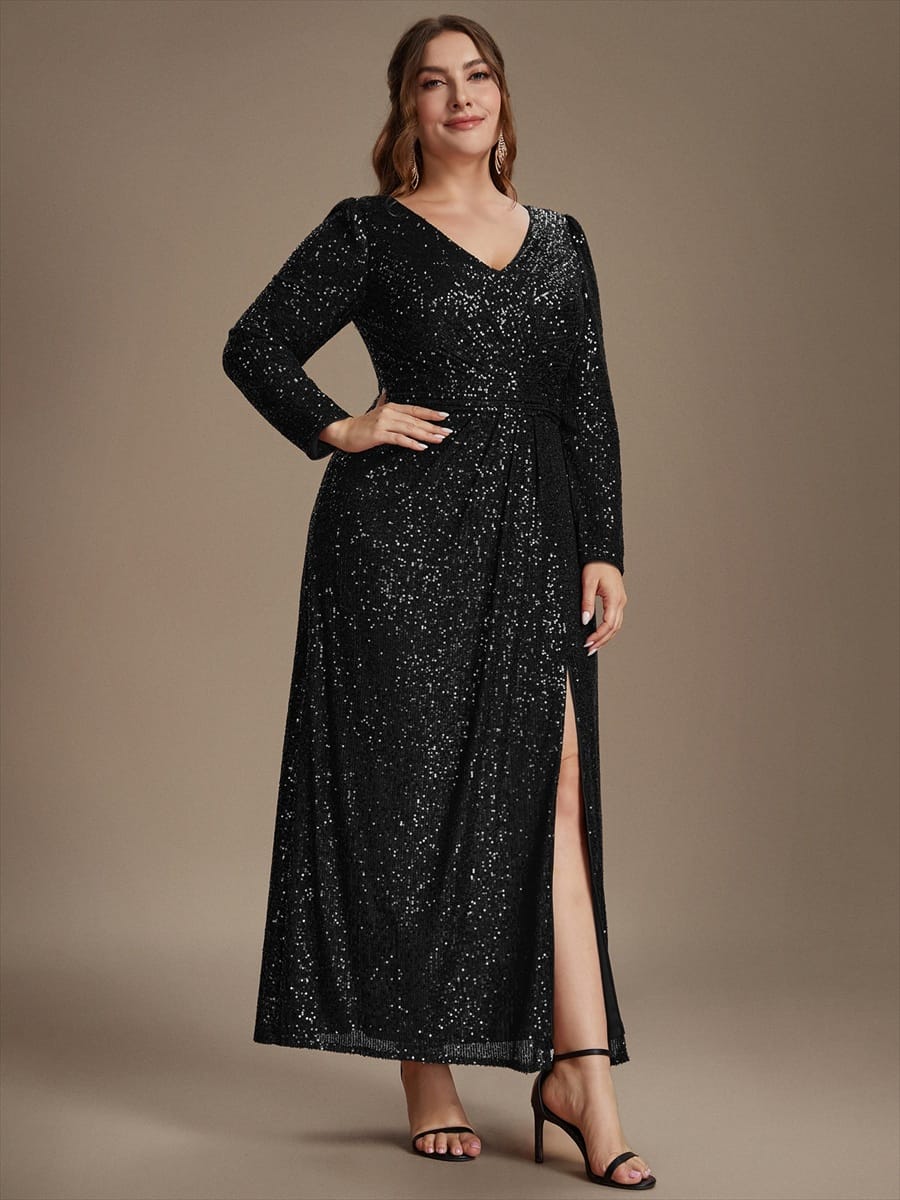 Sequins Maxi Length V-neckline Sheath Fitted Sleeve Back zipper It is not padded, with lining. Dress #color_Black