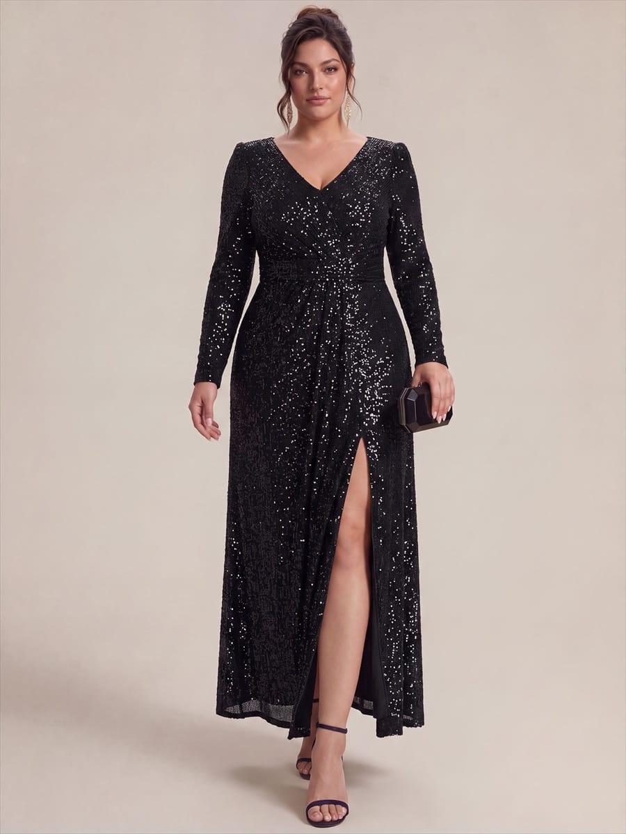 Sequins Maxi Length V-neckline Sheath Fitted Sleeve Back zipper It is not padded, with lining. Dress #color_Black
