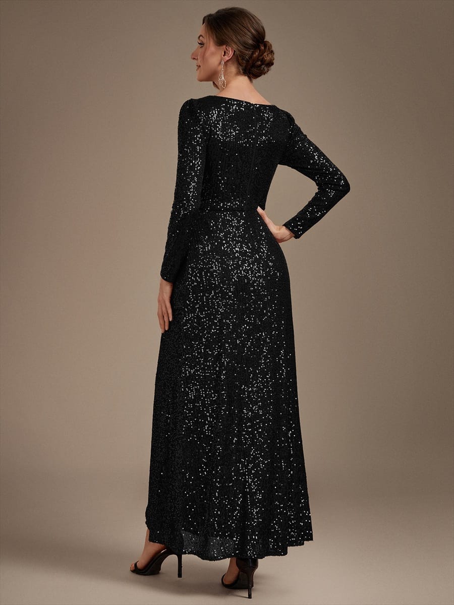 Sequins Maxi Length V-neckline Sheath Fitted Sleeve Back zipper It is not padded, with lining. Dress #color_Black