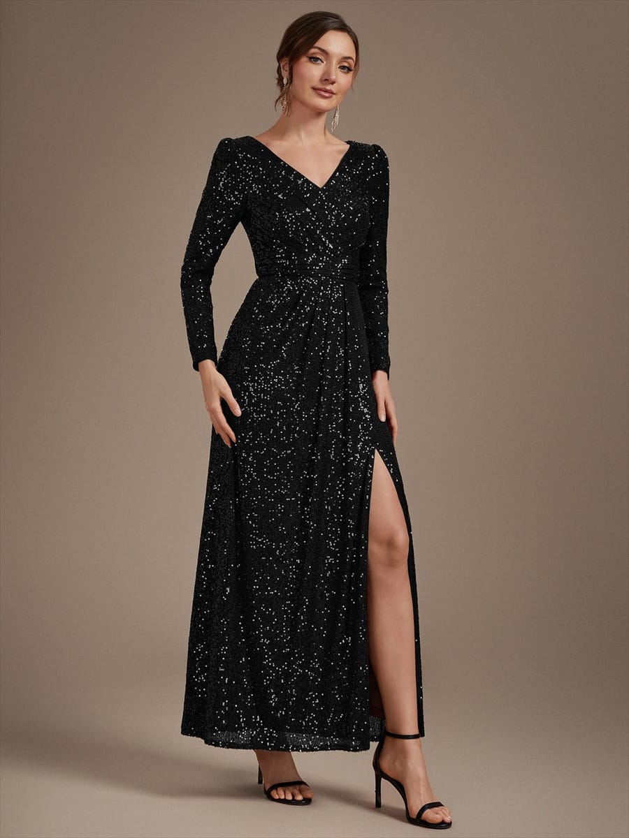 Sequins Maxi Length V-neckline Sheath Fitted Sleeve Back zipper It is not padded, with lining. Dress #color_Black
