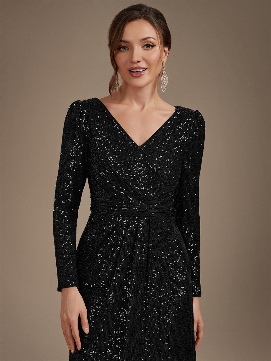 Sequins Maxi Length V-neckline Sheath Fitted Sleeve Back zipper It is not padded, with lining. Dress #color_Black