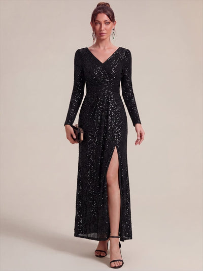 Sequin Long Sleeve V Neck Maxi Dress