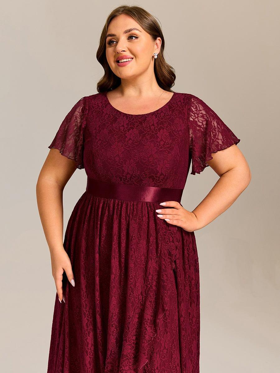 Plus Size Short Sleeve Ruffled Lace Midi Weeding Guest Dress #color_Burgundy