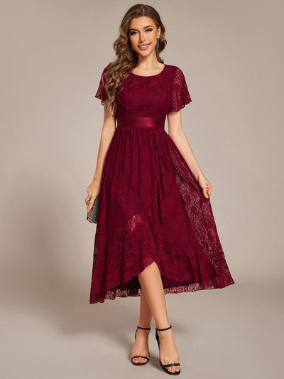 Short Sleeve Ruffled Lace Midi Weeding Guest Dress #color_Burgundy