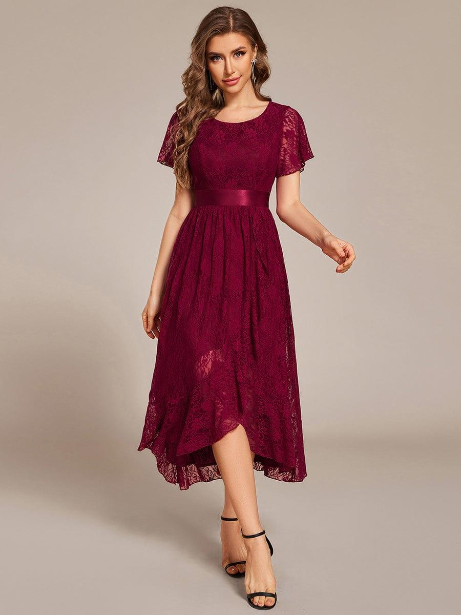 Short Sleeve Ruffled Lace Midi Weeding Guest Dress #color_Burgundy