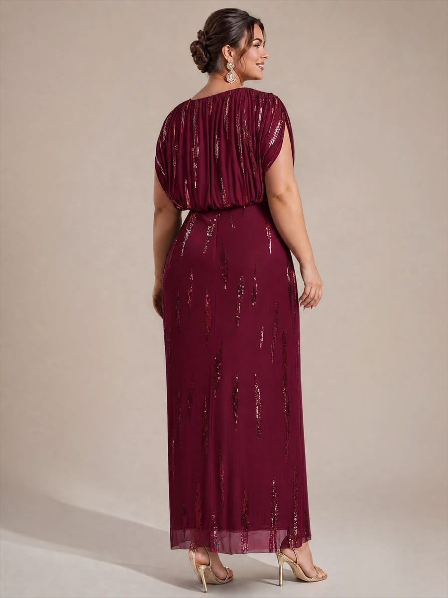 Sequin Tulle Batwing Sleeve Dress #color_Burgundy