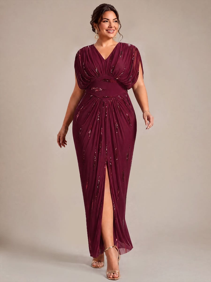 Sequin Tulle Batwing Sleeve Dress #color_Burgundy