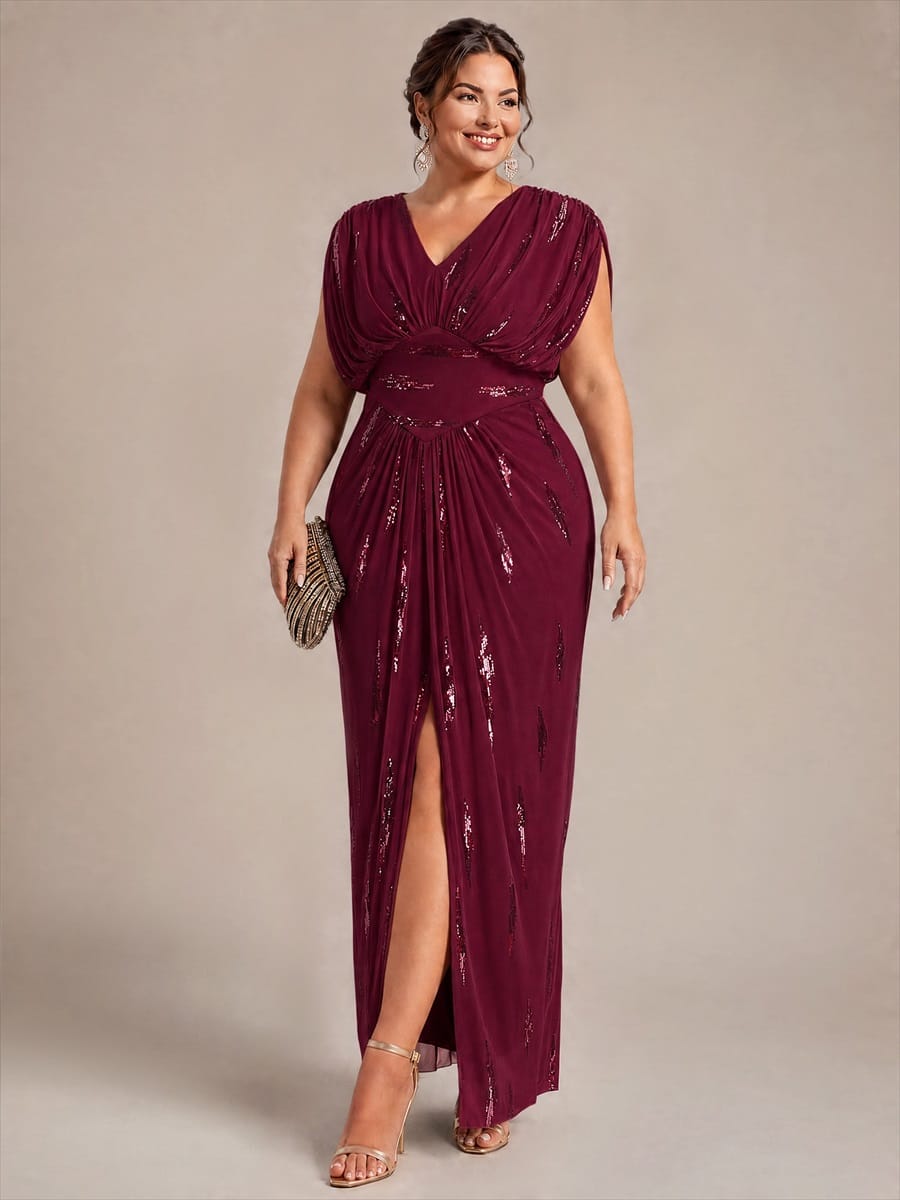 Sequin Tulle Batwing Sleeve Dress #color_Burgundy