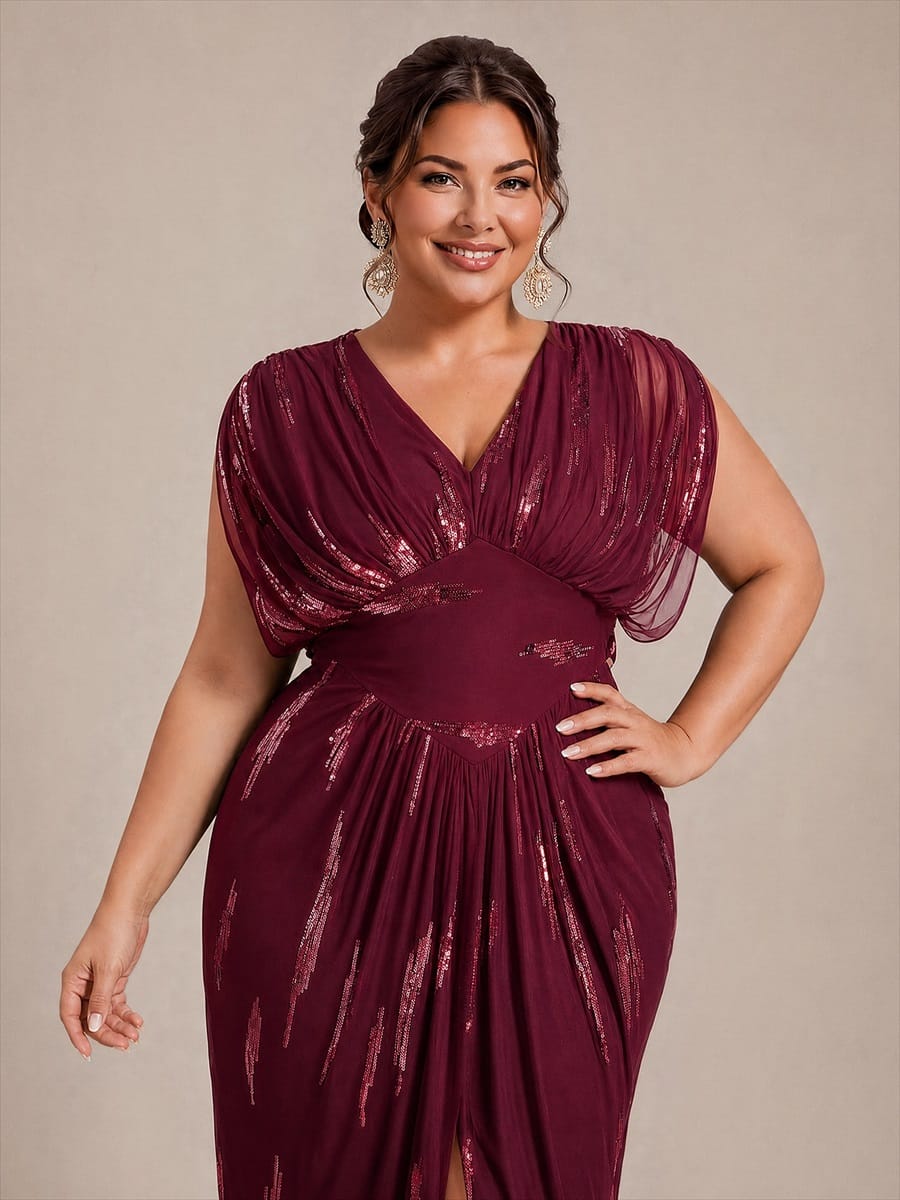 Sequin Tulle Batwing Sleeve Dress #color_Burgundy
