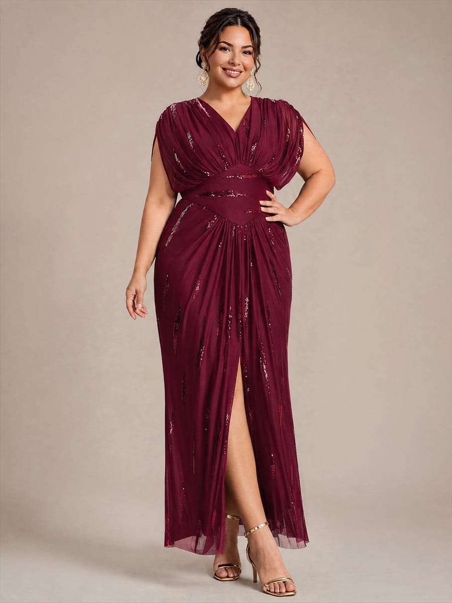 Sequin Tulle Batwing Sleeve Dress #color_Burgundy