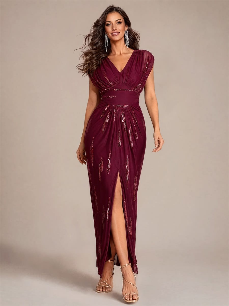 Sequin Tulle Batwing Sleeve Dress #color_Burgundy