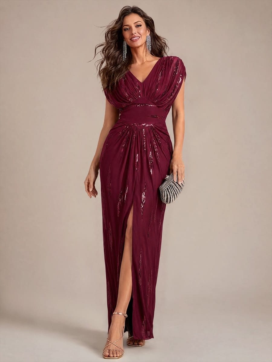 Sequin Tulle Batwing Sleeve Dress #color_Burgundy