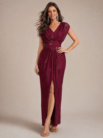 Tulle Sequin V Neck Batwing Sleeve Maxi Dress