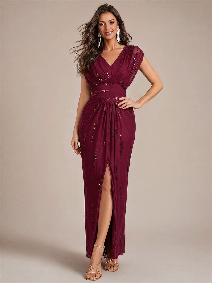 Sequin Tulle Batwing Sleeve Dress #color_Burgundy