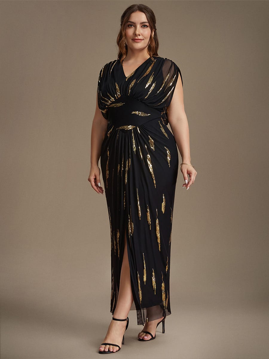 Sequin Tulle Batwing Sleeve Dress #color_Black & Gold